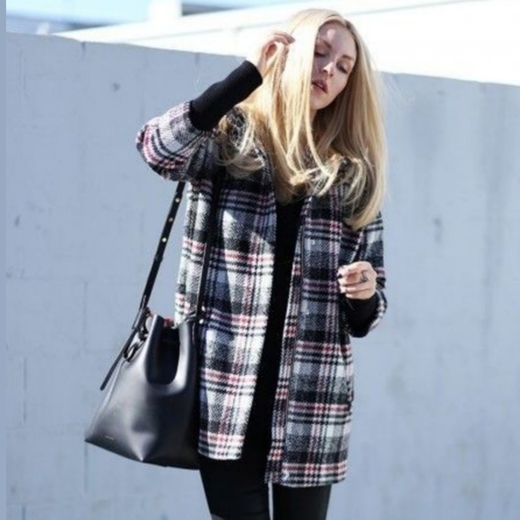 Express Plaid Ribbed Sleeves Wool Cocoon Jacket - Picture 2 of 14